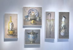 "Elegant Still Life of Yellow Bottle and Teapot, and Polka Dot Cup"