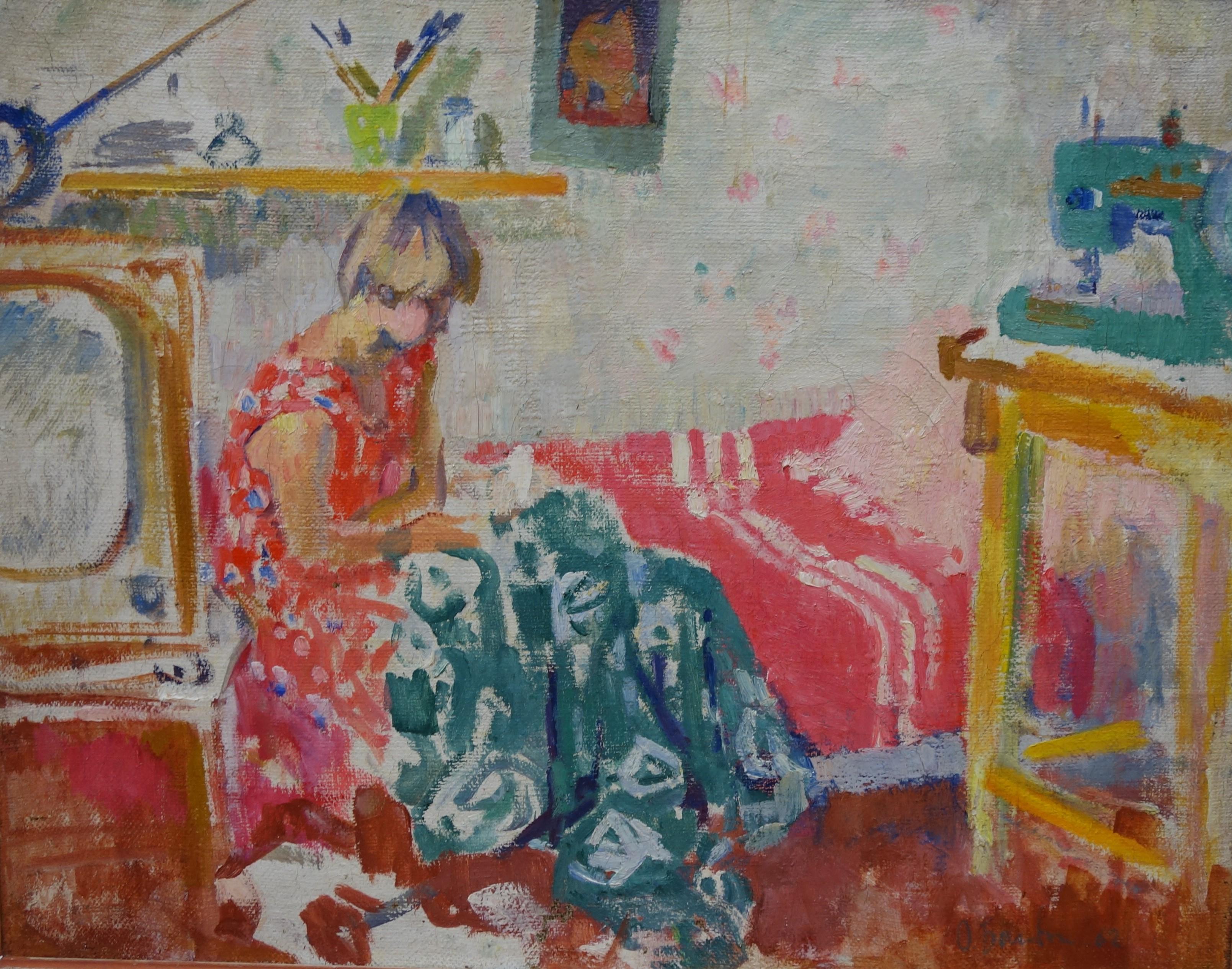 Figurative Painting Olga BOGAEVSKAJA - "Intérieur de ma chambre "Intérieur, Fille, Huile Russie, 1962 cm. 81 x 64
