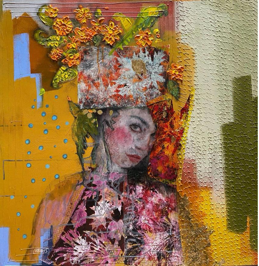 Olga Cairols Portrait Painting – Flores en la Cabeza