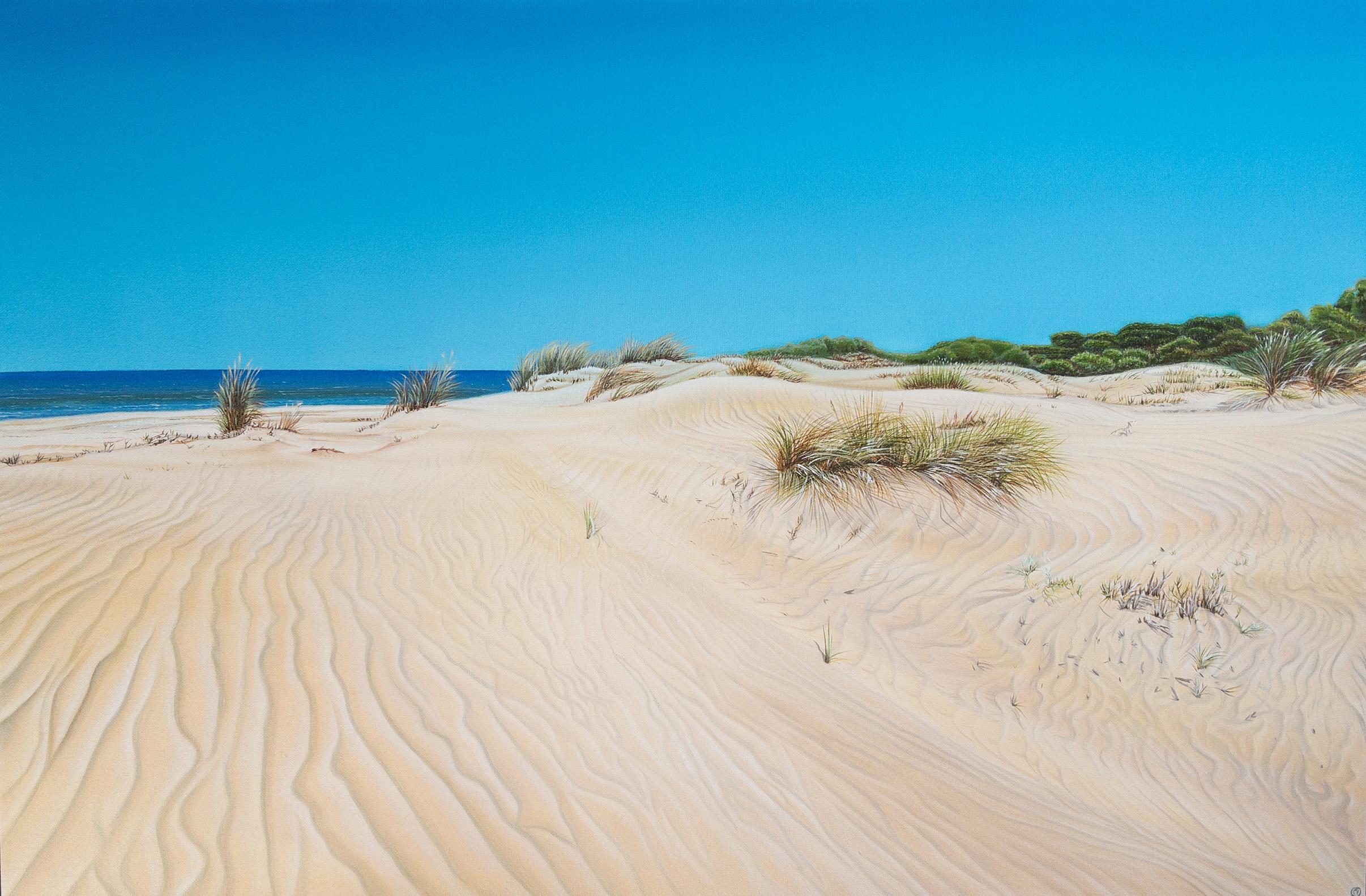 Landscape Painting de Olga Calado - Dunas de arena -Pintura al óleo de paisaje marino de realismo original-Arte contemporáneo