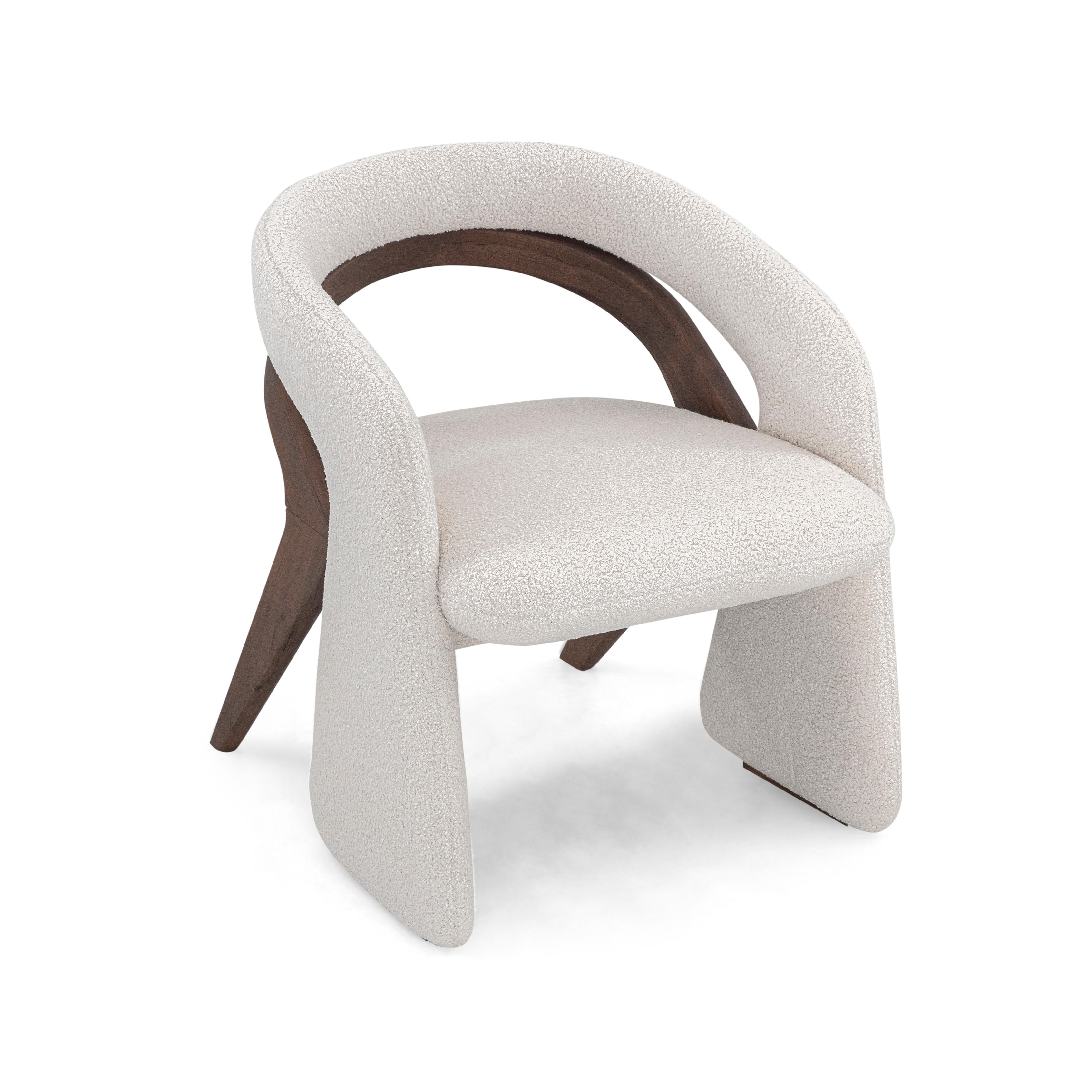 Scandinavian Modern Olga Contemporary Dining Chair in Walnut Wood Finish and White Boucle Fabric For Sale