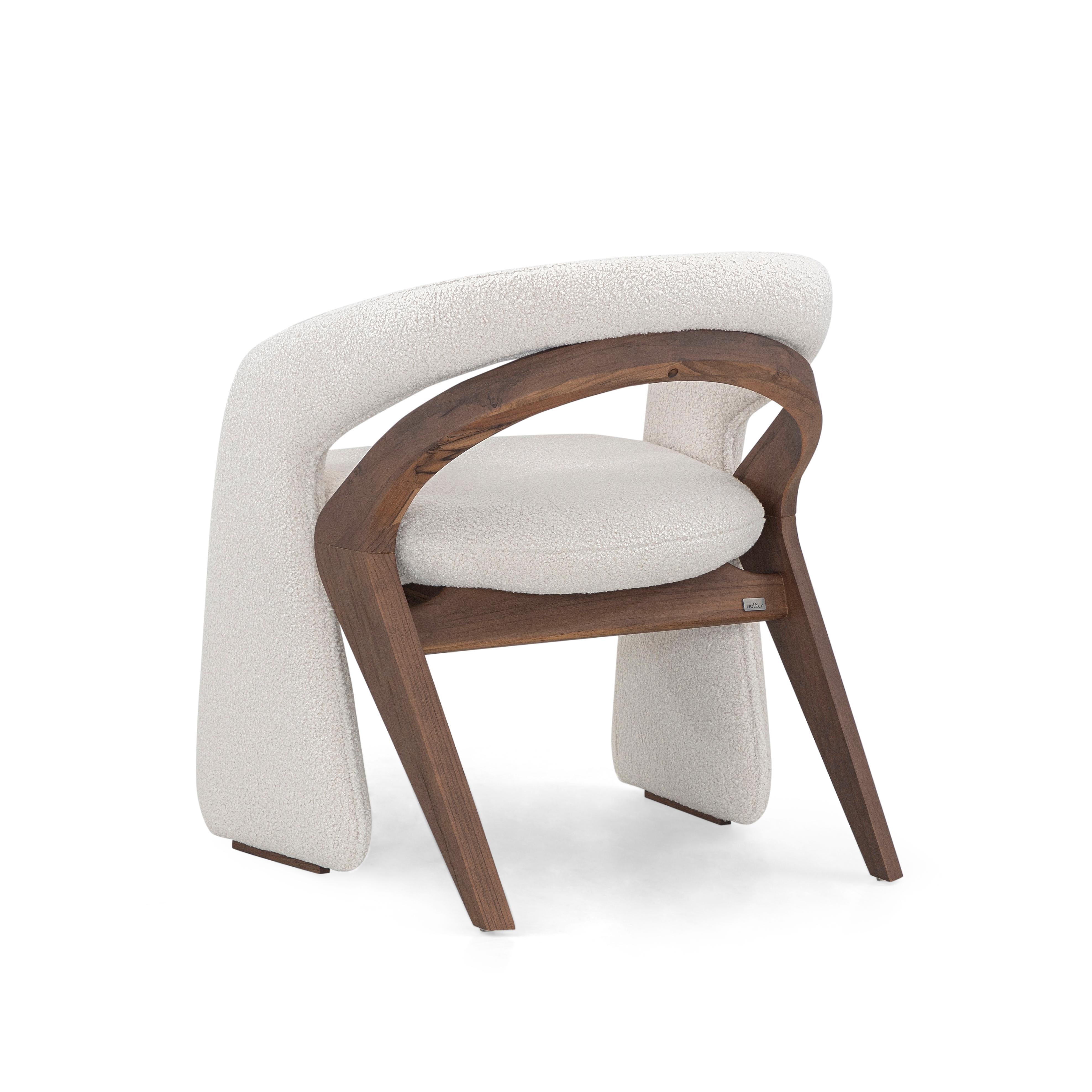 Olga Contemporary Dining Chair in Walnut Wood Finish and White Boucle Fabric For Sale 1