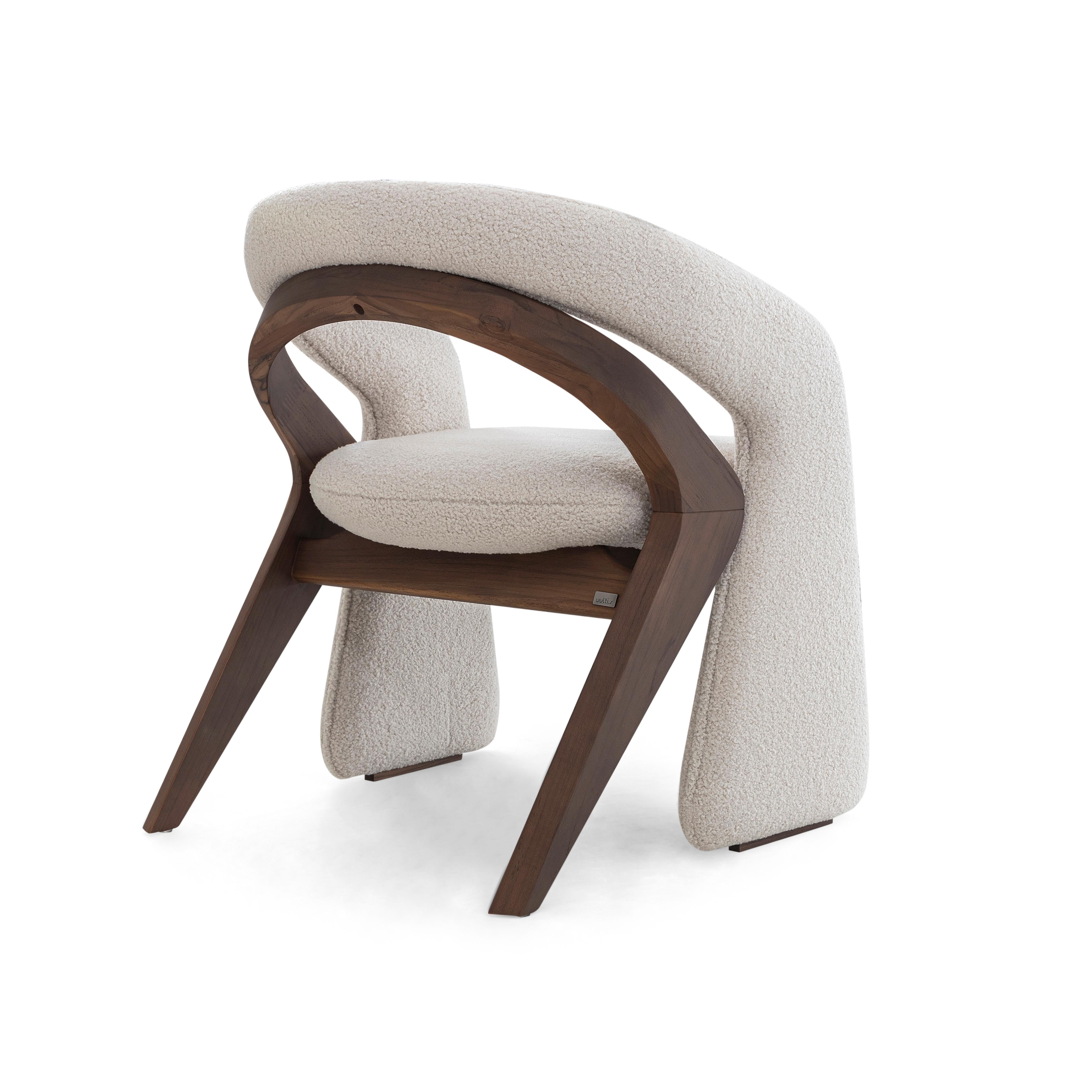 Olga Contemporary Dining Chair in Walnut Wood Finish and White Boucle Fabric For Sale 2