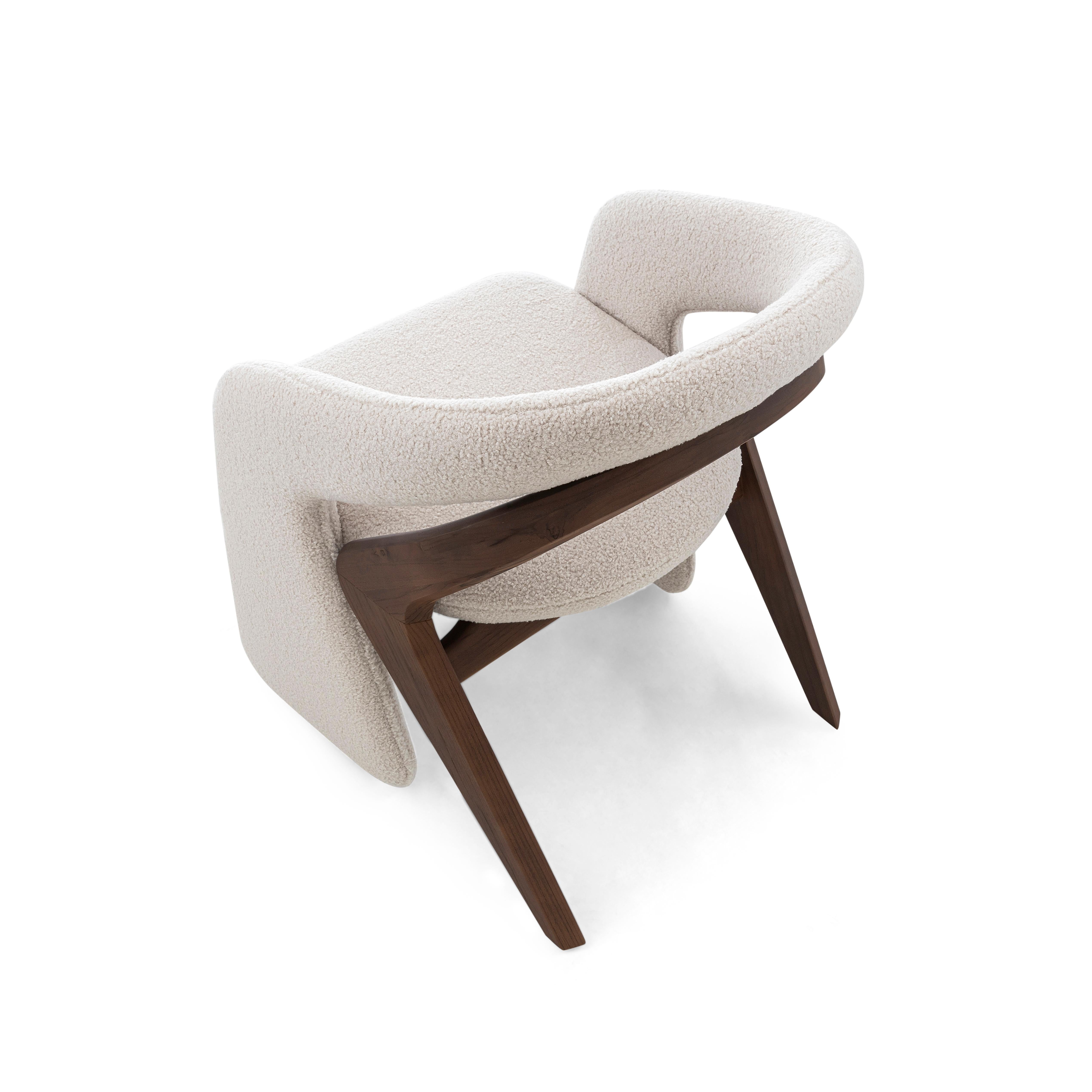Olga Contemporary Dining Chair in Walnut Wood Finish and White Boucle Fabric For Sale 3