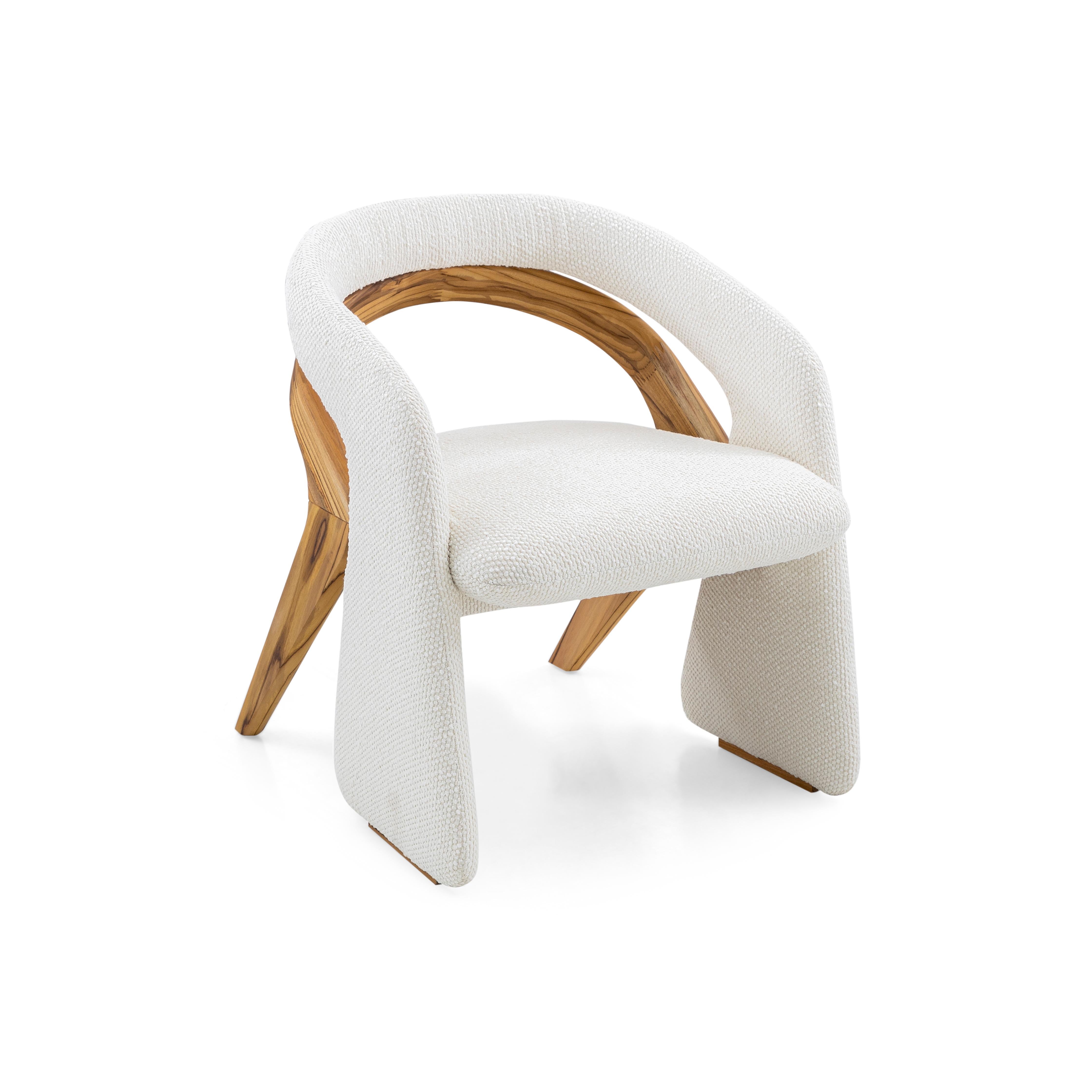 Brazilian Olga Dining Chair in Teak Wood Finish and White Bouclé For Sale