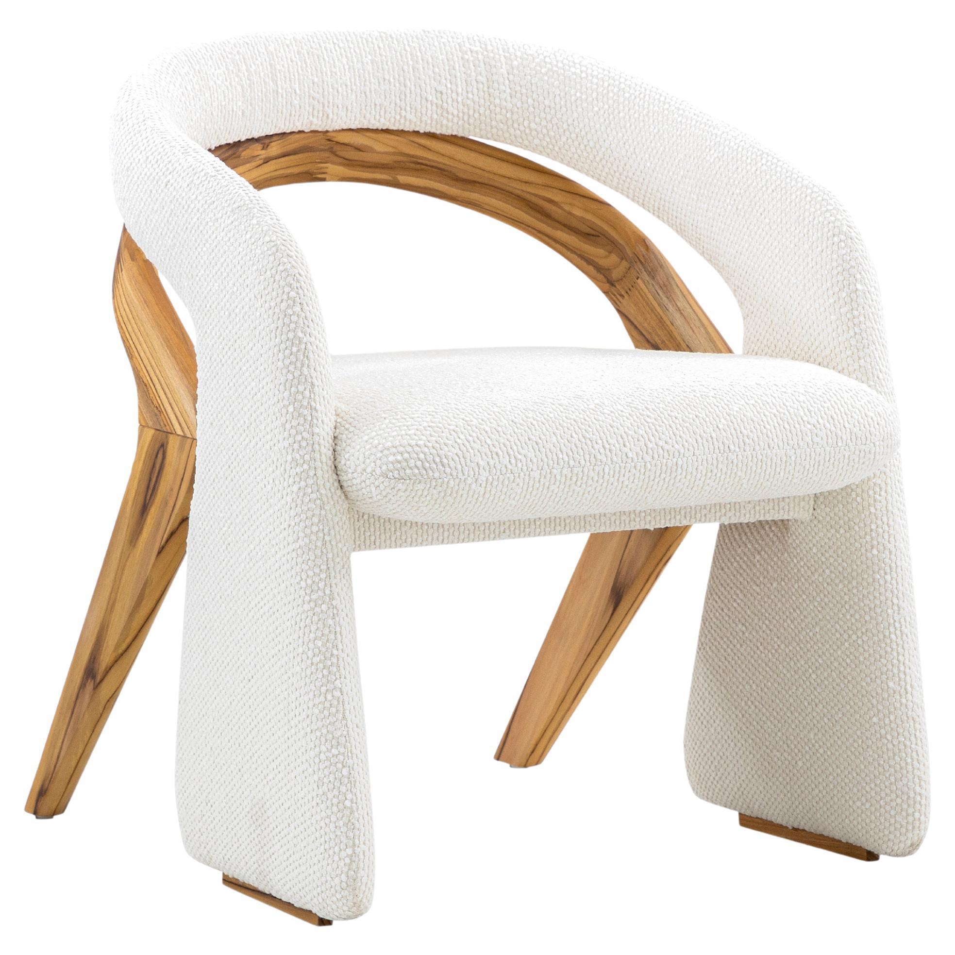 Olga Dining Chair in Teak Wood Finish and White Bouclé For Sale