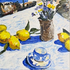 Frühstück in Griechenland, griechische Insel, Sommerstimmung, Obst, Zitronen, blau, gelb, Meer