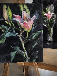 Pink Lily Blossom, Impressionism, Oil Still Life, Flowers, Dark Floral, Bouquet