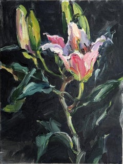Pink Lily Blossom, Impressionism, Oil Still Life, Flowers, Dark Floral, Bouquet