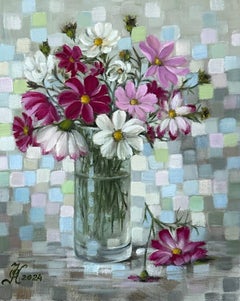 "Cosmos Flowers" (2024) By Olga Karpeisky, Original Oil Painting on Linen
