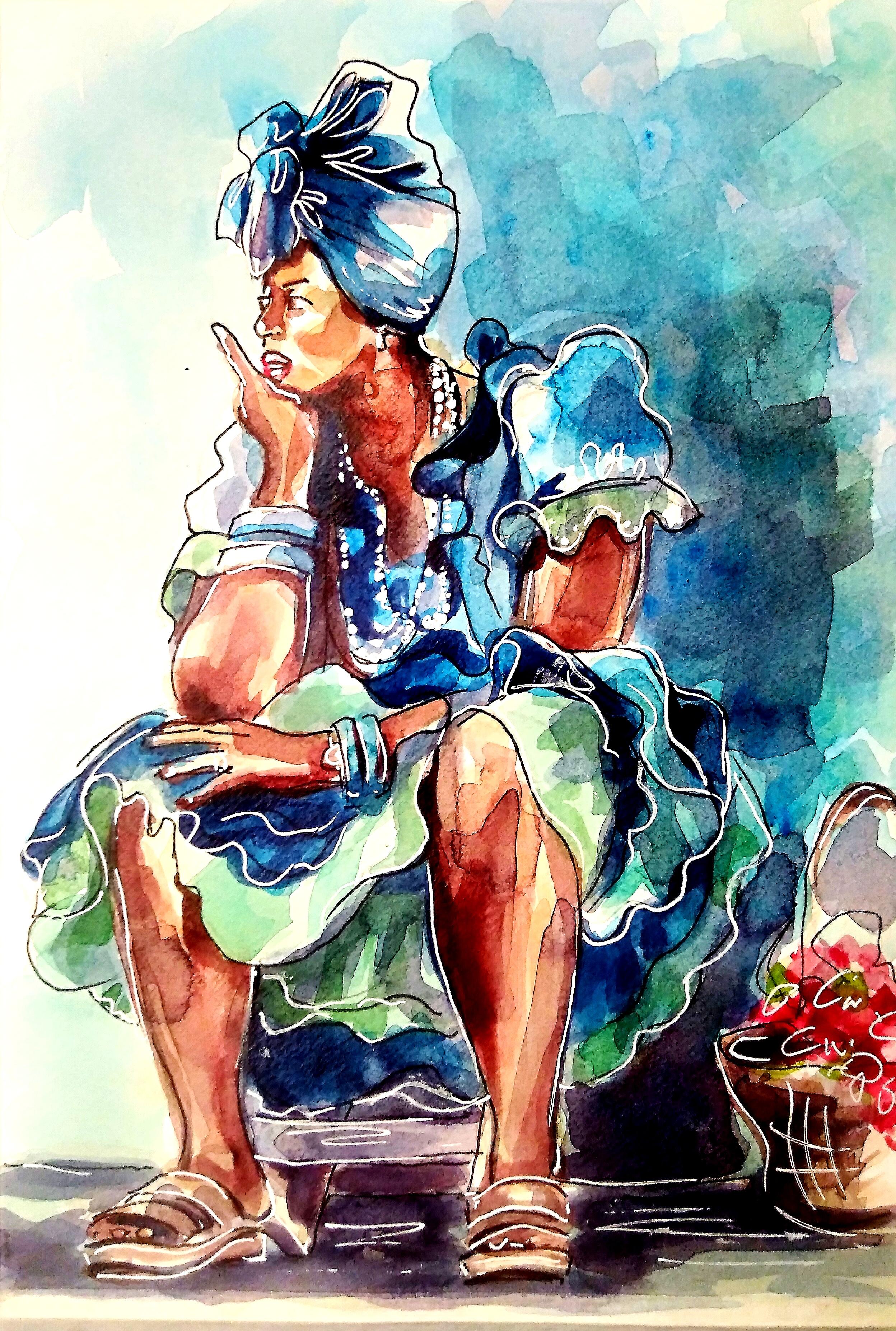 In Cuba. flower girl - Painting by  Olga Kasatkina