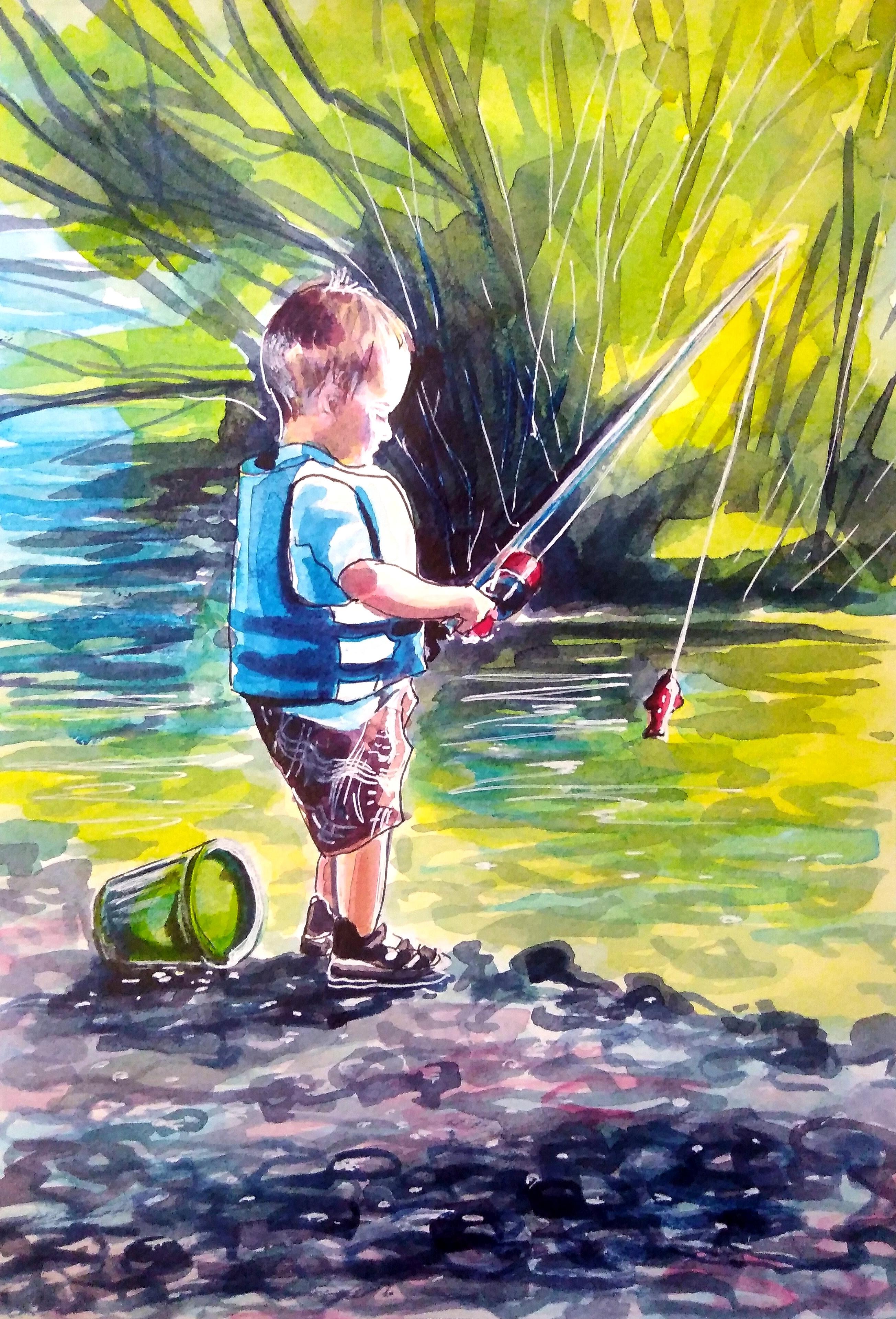 Young fisherman - Painting by  Olga Kasatkina