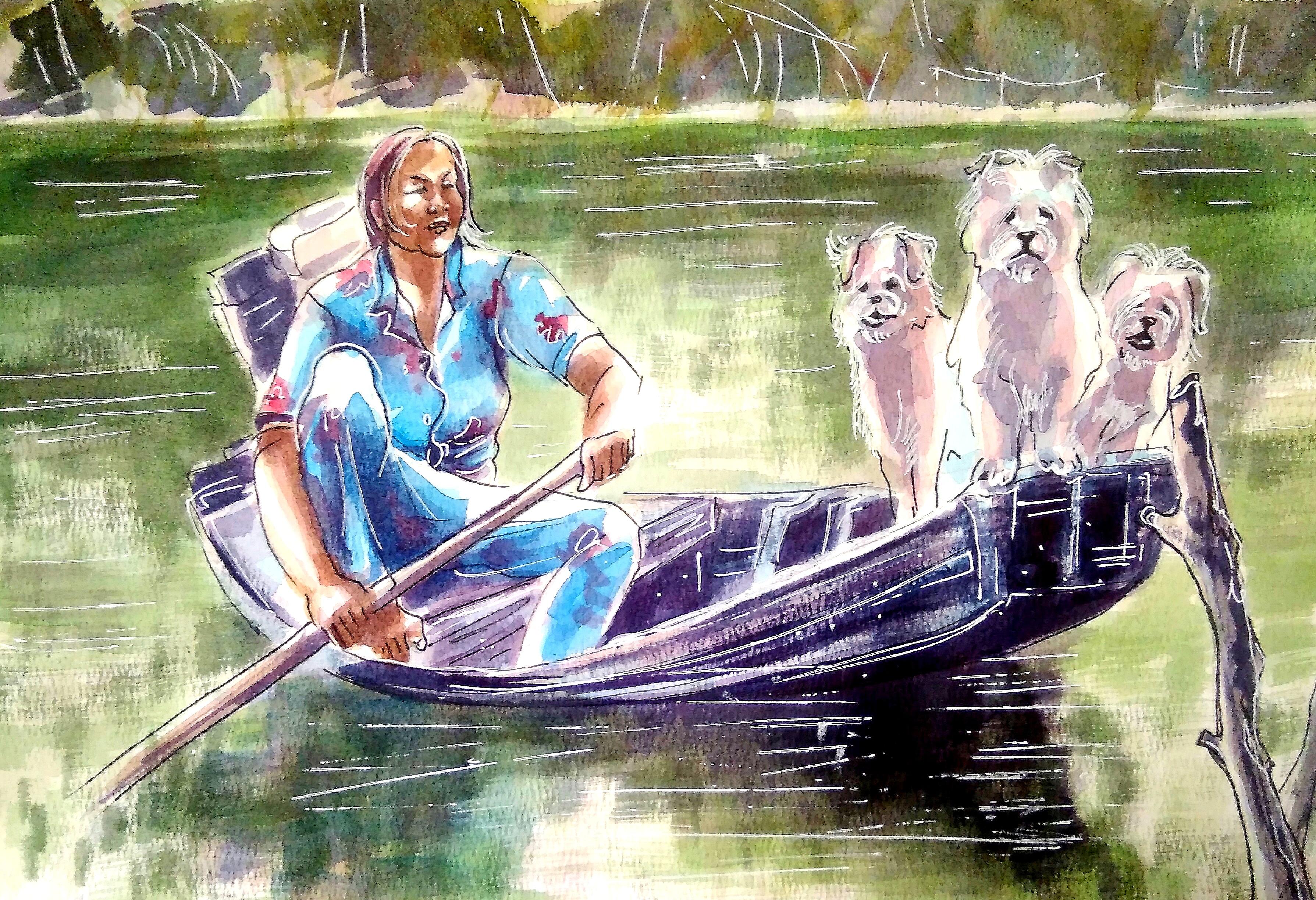 Olga Kasatkina Portrait Painting - Three in a boat who are not hostesses
