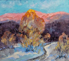 A Day in January - Landscape Oil Painting Red Green Brown Blue White Pink Purple