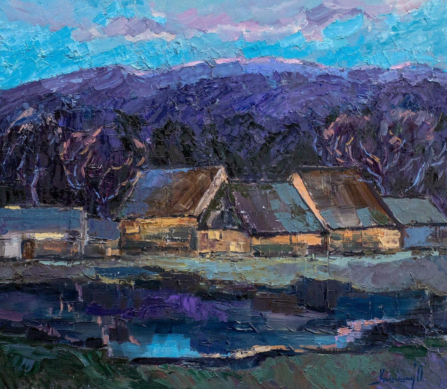 Olga Kashshay Landscape Painting - Almost Night - Landscape Oil Painting Red Green Brown Blue White Pink Purple