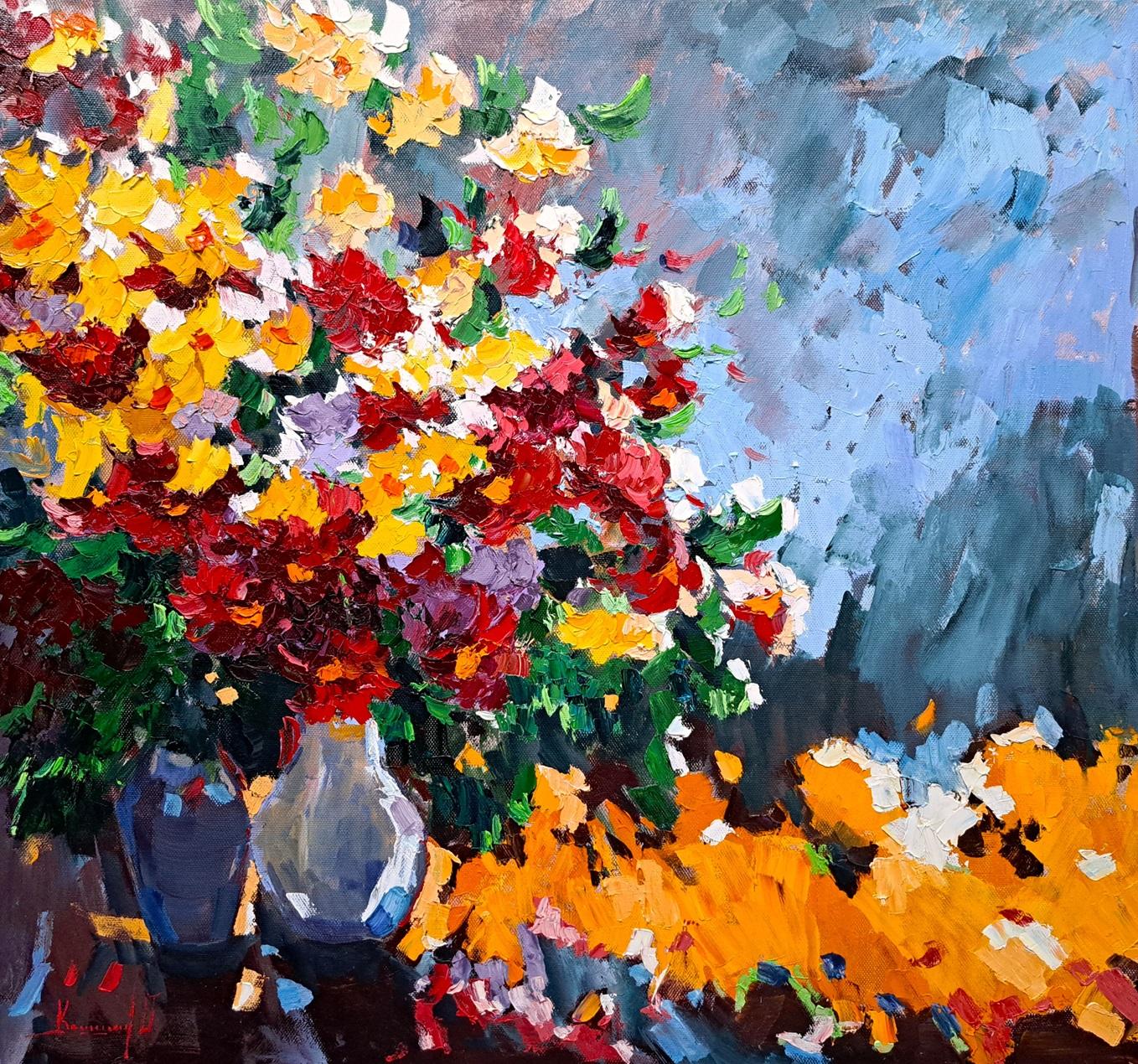 Autunno - Pittura ad olio di paesaggio Rosso Verde Marrone Blu Bianco Rosa Viola - Painting di Olga Kashshay