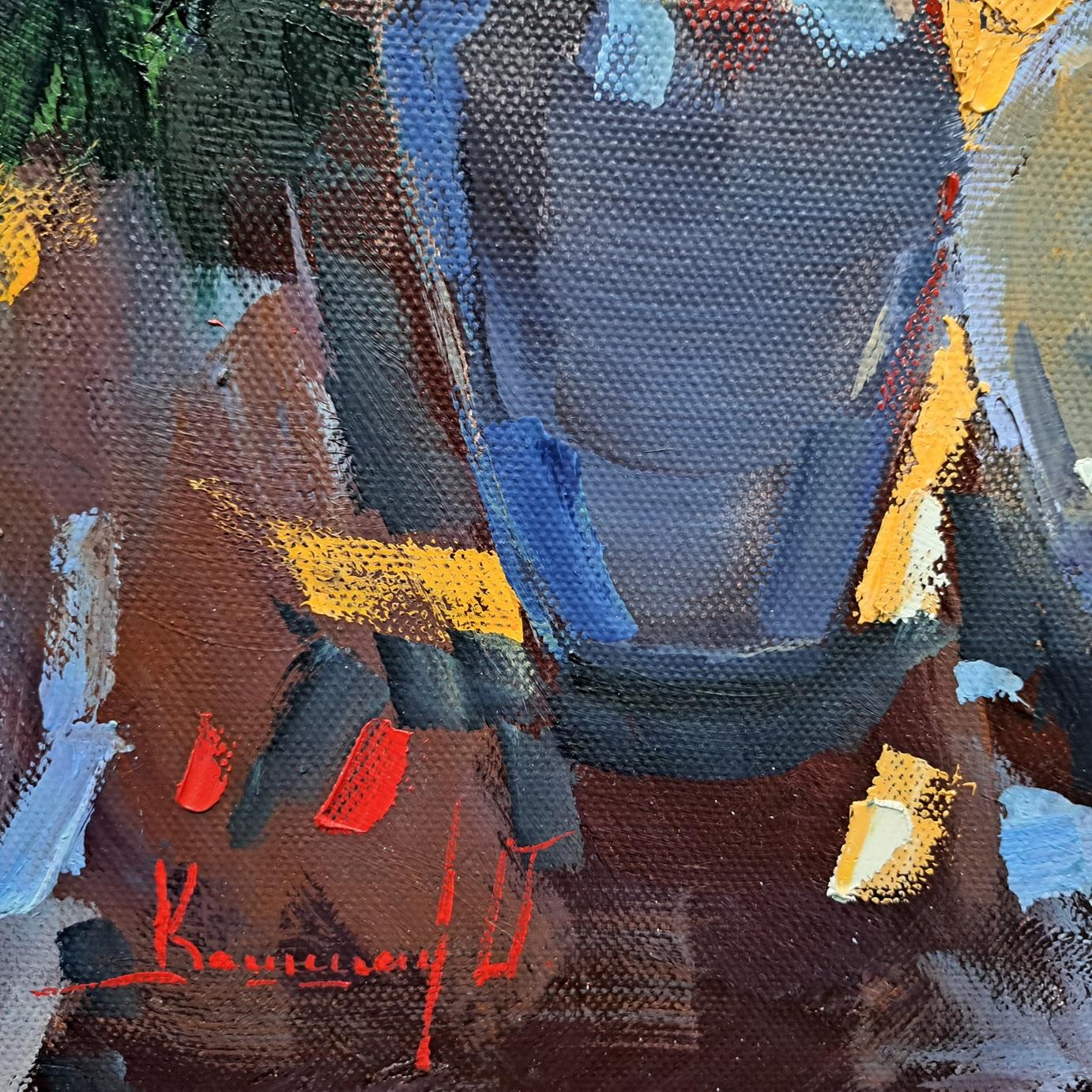 Autunno - Pittura ad olio di paesaggio Rosso Verde Marrone Blu Bianco Rosa Viola - Painting Moderno di Olga Kashshay