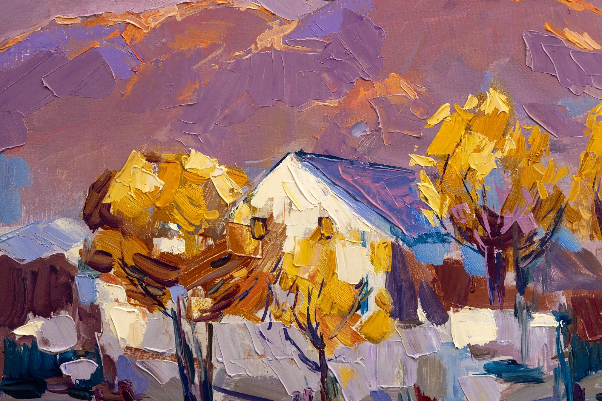 Paisaje de otoño - Pintura al óleo Rojo Verde Marrón Azul Blanco Rosa Morado - Painting Impresionista de Olga Kashshay