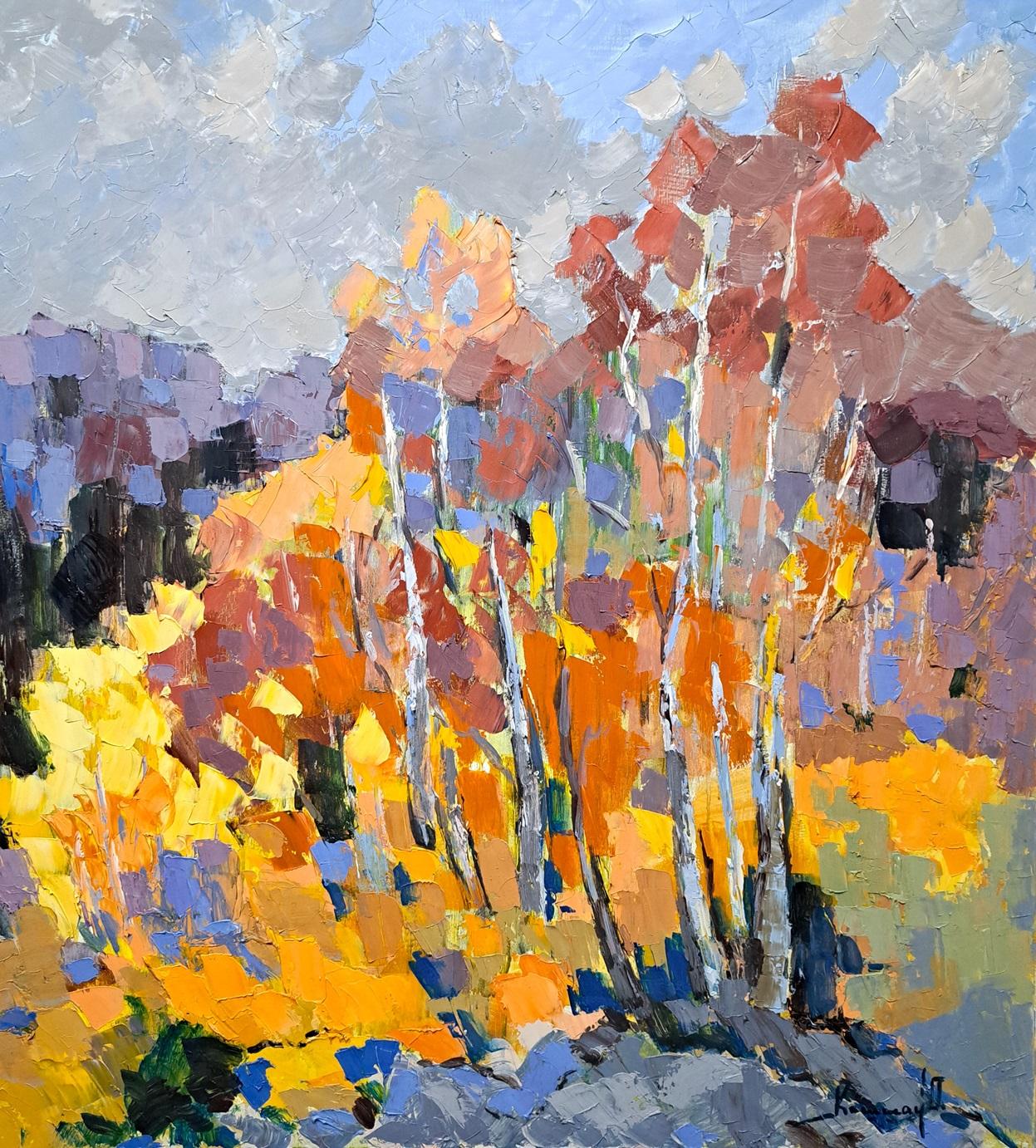 Landscape Painting di Olga Kashshay - Autumn Wood - Paesaggio dipinto a olio Rosso Verde Marrone Blu Bianco Rosa Viola