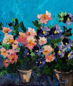 Bright Flowers -Still-life Oil Painting Red Green Brown Blue White Pink Purple