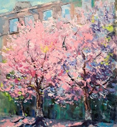 City Sakura - Paysage Peinture à l'huile Rouge Vert Brown Bleu Blanc Rose Violet