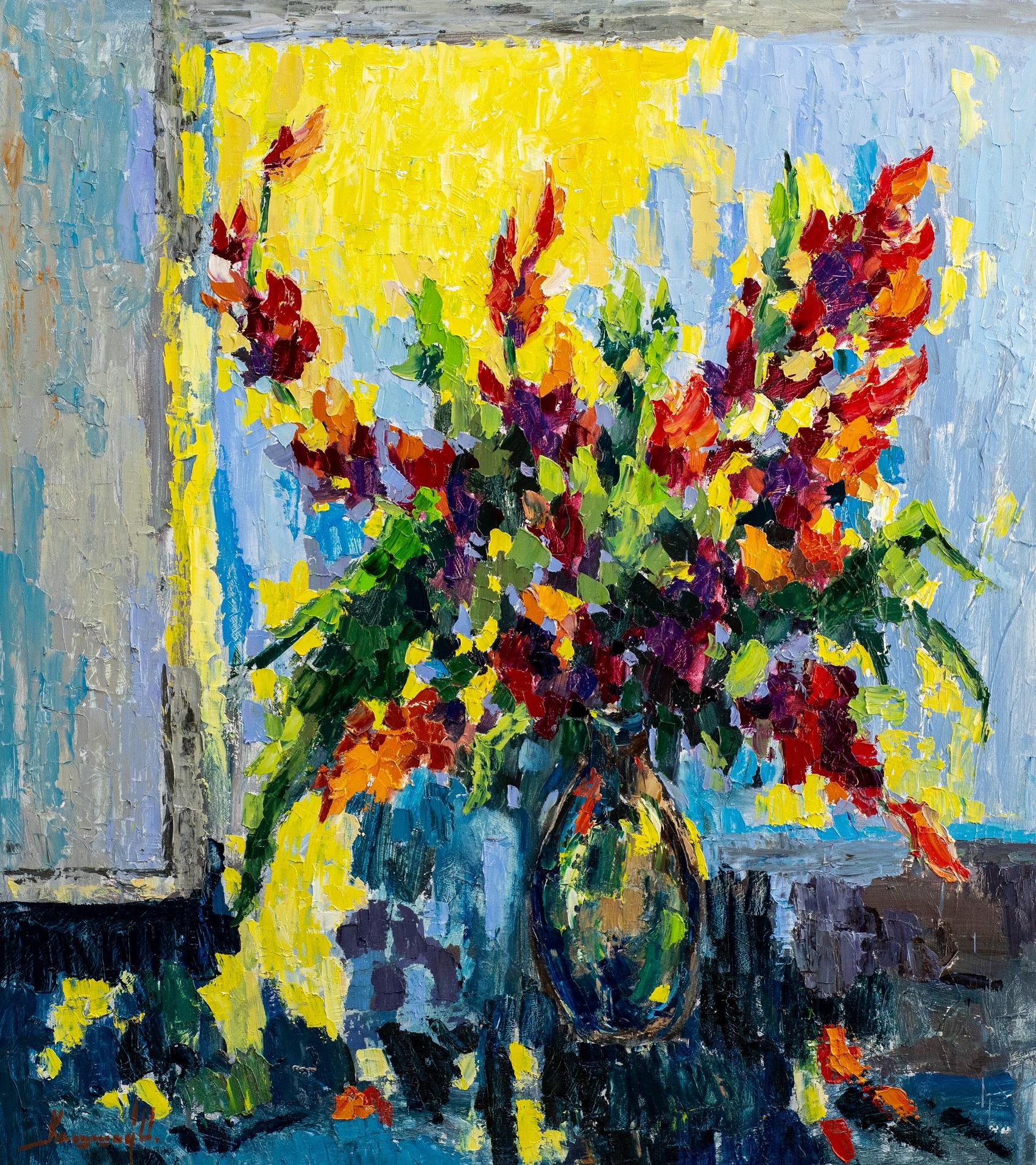 Colorful flowers - Still Life Painting Green Brown Blue Yellow White Pink 