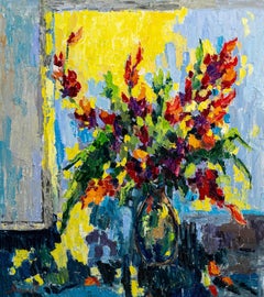 Colorful flowers - Still Life Painting Green Brown Blue Yellow White Pink