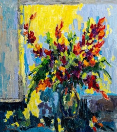 Colorful flowers - Still Life Painting Green Brown Blue Yellow White Pink 