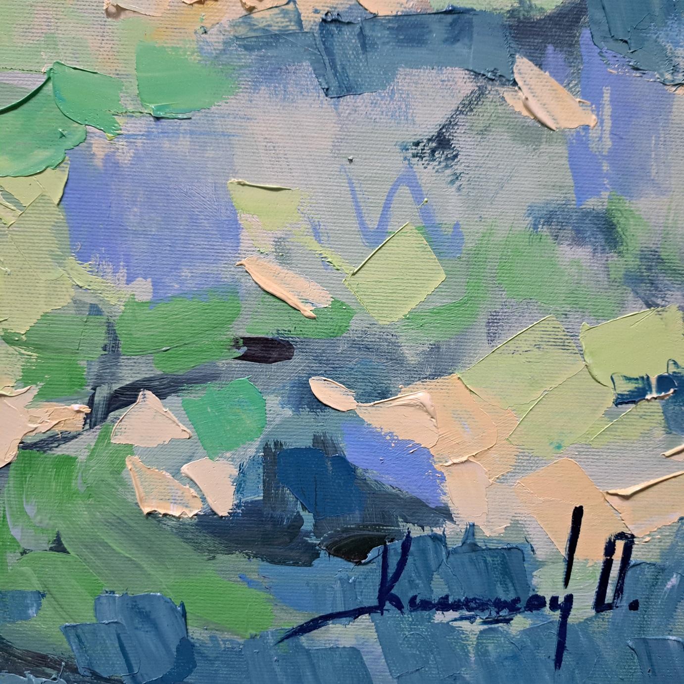Emerald August - Landscape Oil Painting Red Green Brown Blue White Pink Purple - Gris Landscape Painting par Olga Kashshay