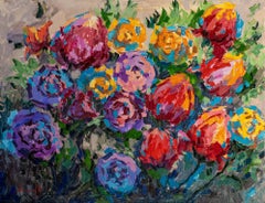 Flower Mood - Still-life Oil Painting Red Green Brown Blue White Pink Purple