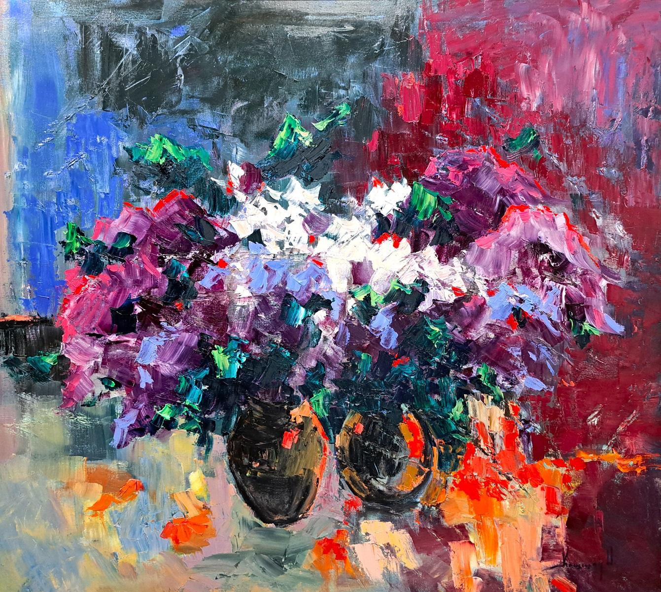 Lilla - Natura morta dipinta a olio Rosso Verde Marrone Blu Bianco Rosa Viola - Painting di Olga Kashshay