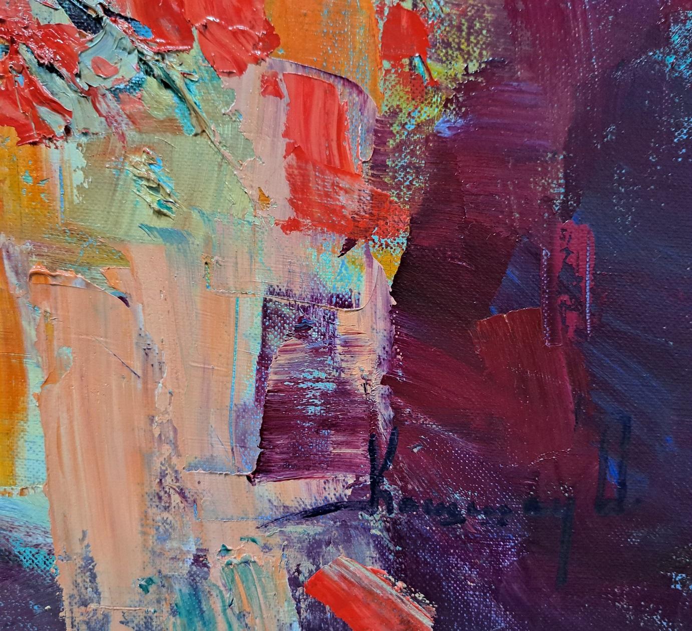 Lilla - Natura morta dipinta a olio Rosso Verde Marrone Blu Bianco Rosa Viola - Painting Moderno di Olga Kashshay