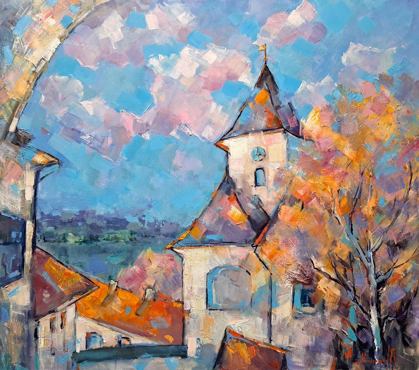 Landscape Painting Olga Kashshay - Château médiéval - paysage peinture à l'huile rouge vert brun bleu blanc rose violet