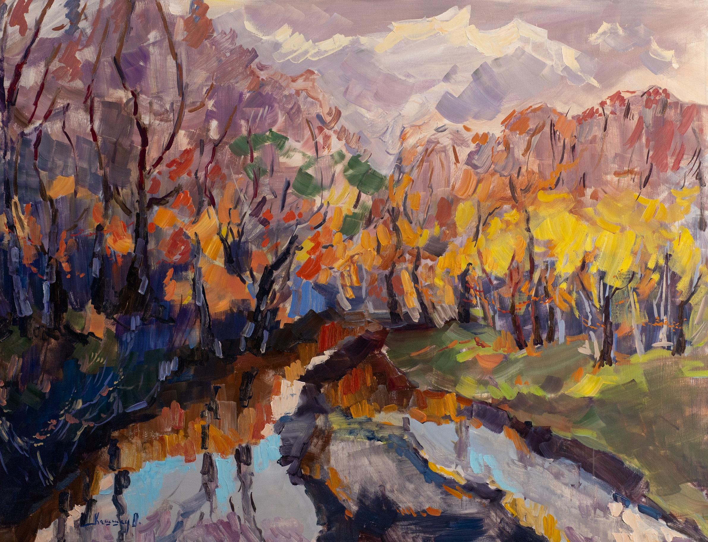 Olga Kashshay Landscape Painting - Memories of Warm Autumn - Painting Green Brown Blue Yellow White Pink Purple