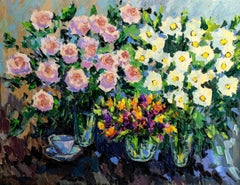 Outside is Spring - Still Life Painting Green Blue Yellow White Pink Purple