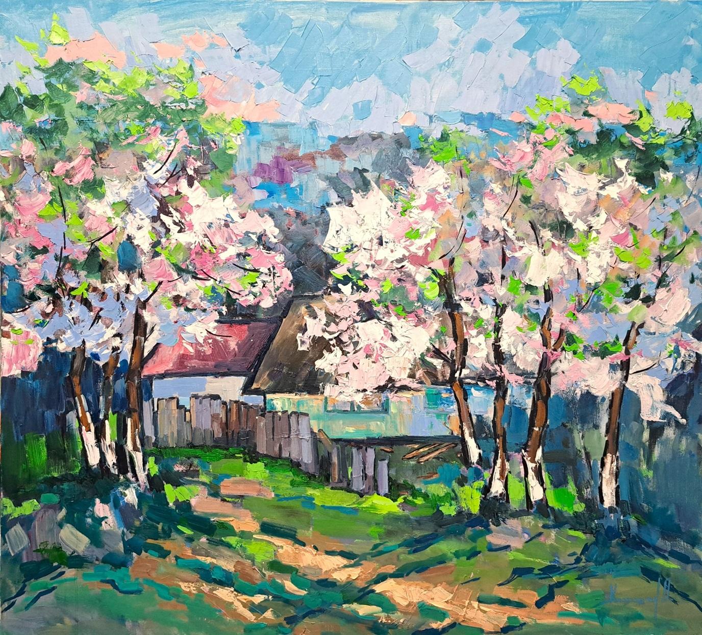 Olga Kashshay Landscape Painting - Spring - Landscape Oil Painting Red Green Brown Blue White Pink Purple