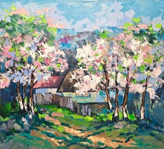 Spring - Landscape Oil Painting Red Green Brown Blue White Pink Purple