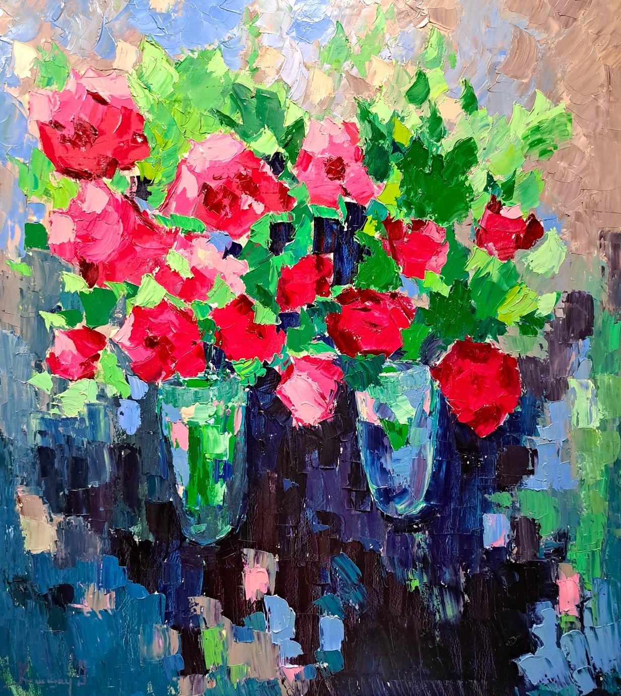 Natura morta - Pittura a olio Rosso Verde Marrone Blu Bianco Rosa Viola - Painting di Olga Kashshay