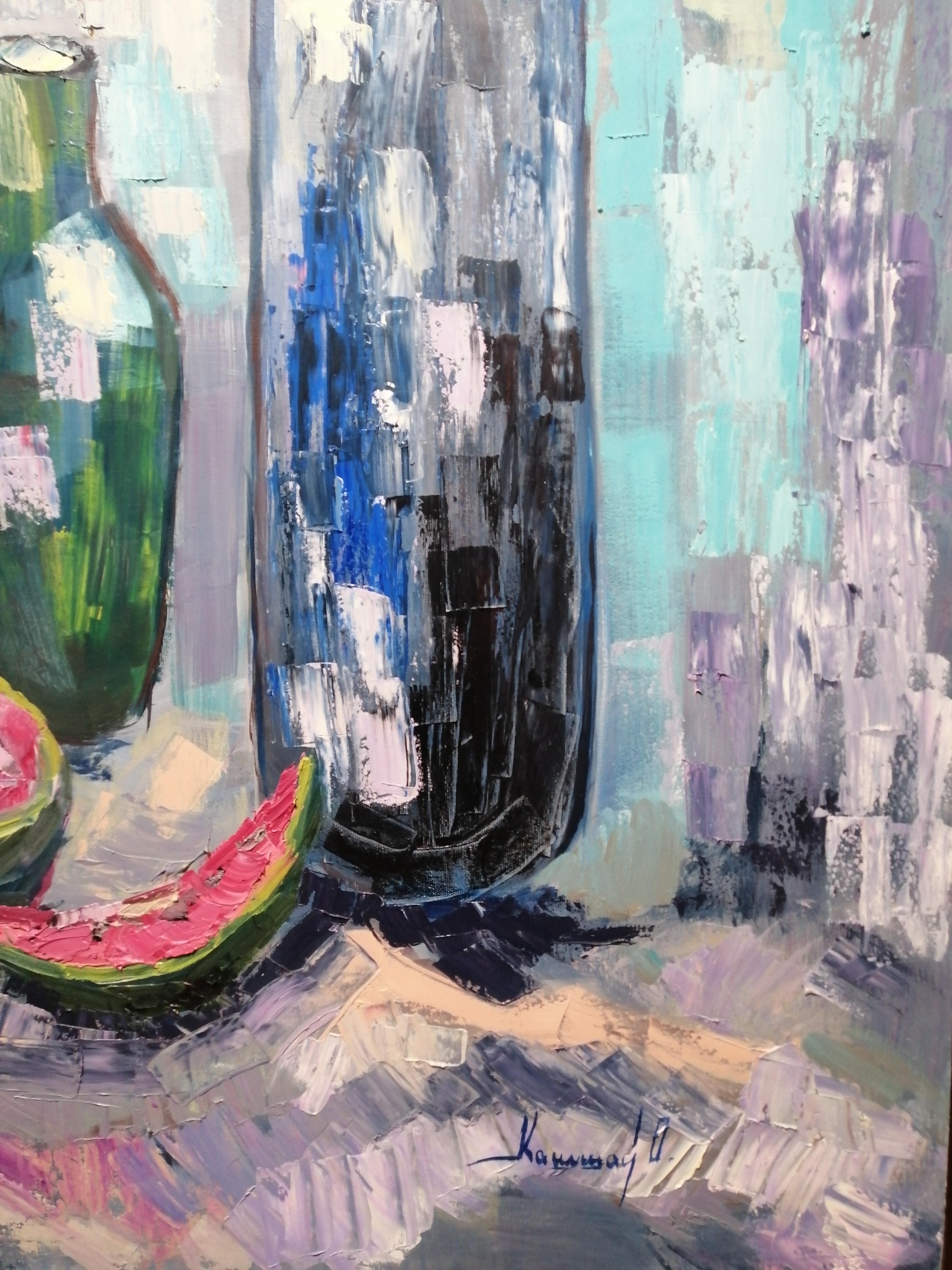 Bodegón con melones - Pintura Verde Marrón Azul Amarillo Blanco Rosa Morado - Painting de Olga Kashshay