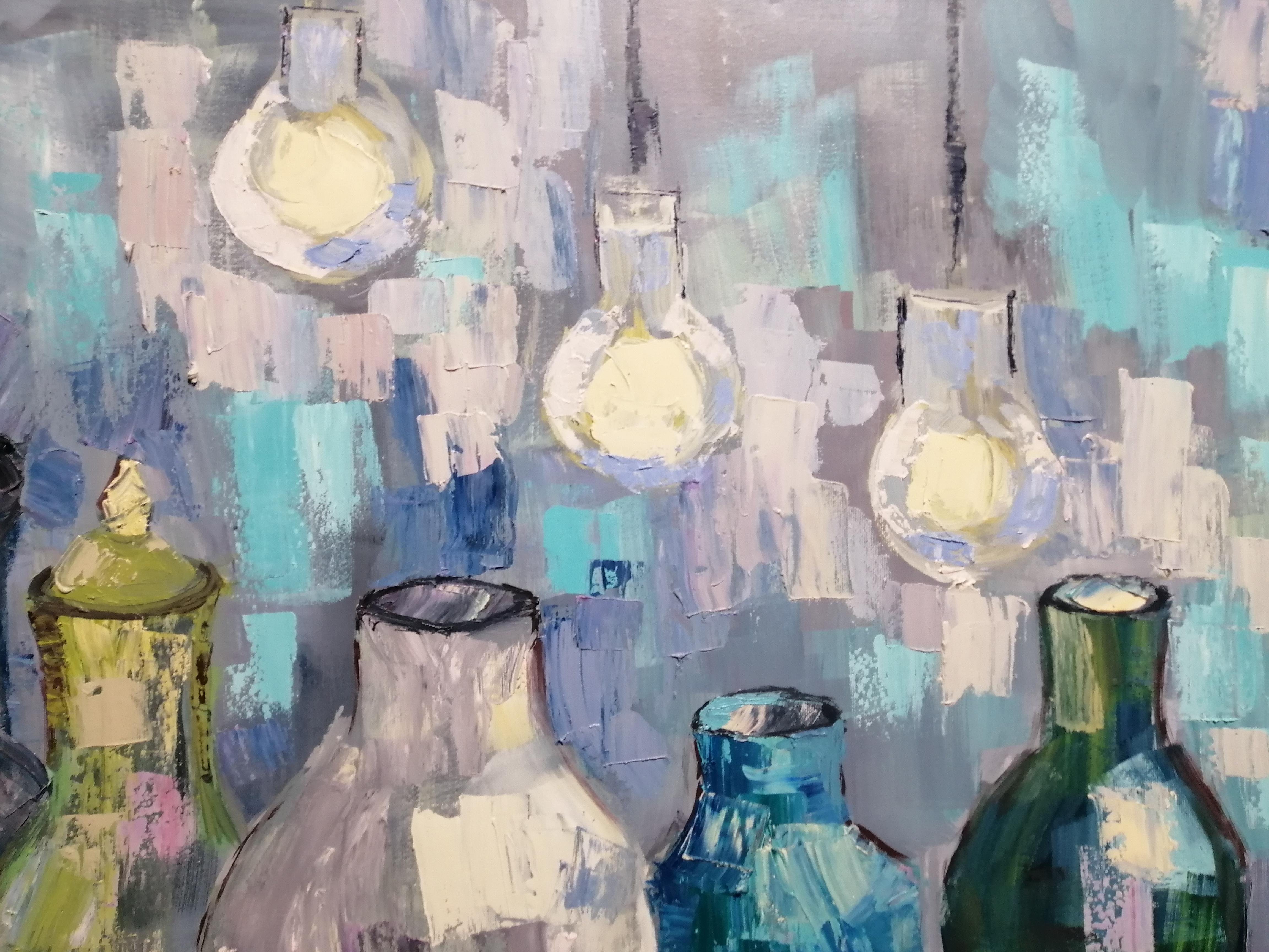 Bodegón con melones - Pintura Verde Marrón Azul Amarillo Blanco Rosa Morado - Painting Impresionista de Olga Kashshay