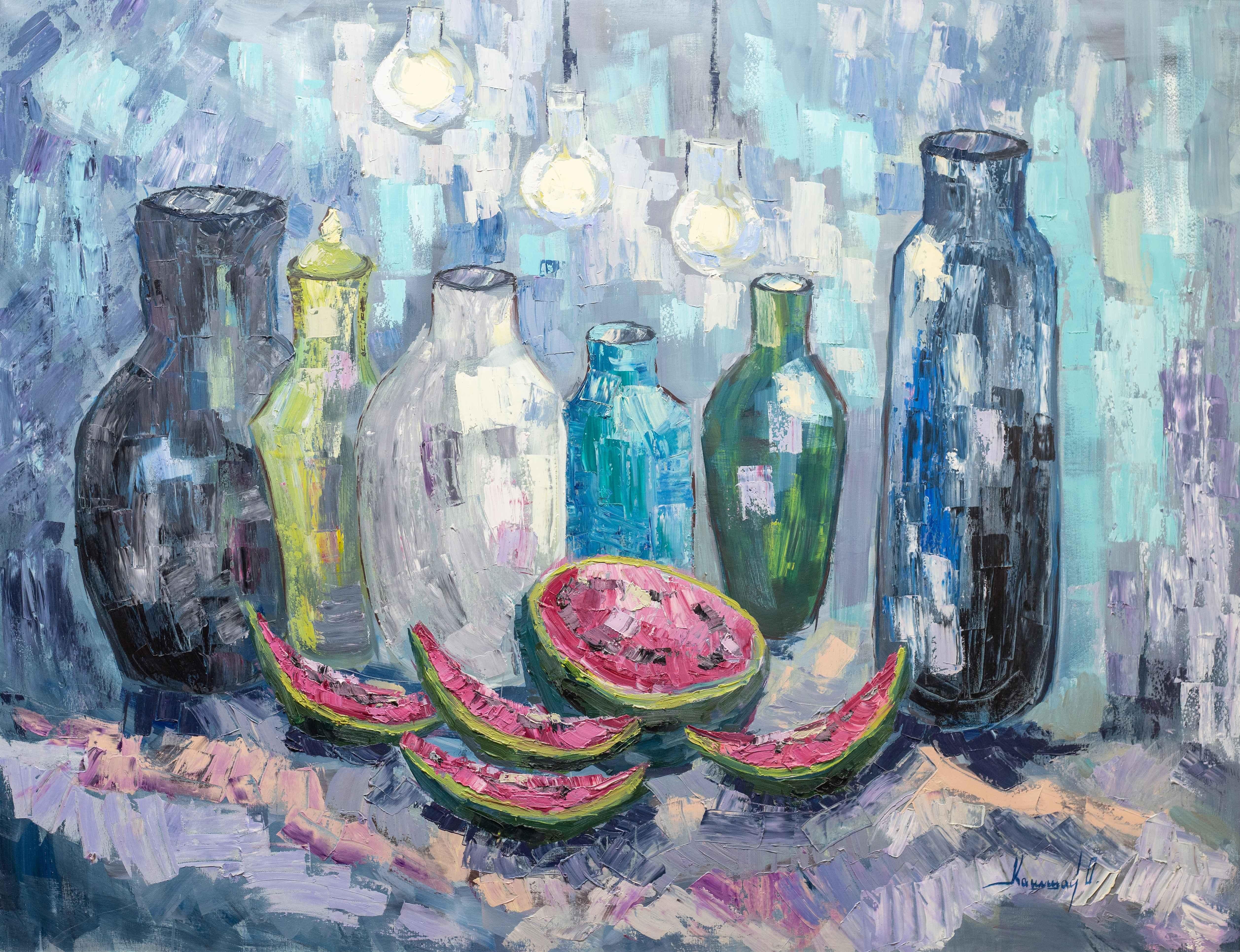 Still Life with Melons - Painting Green Brown Blue Yellow White Pink Purple