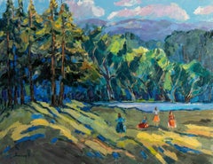 Summer Day - Landscape Painting Green Brown Blue White Pink Yellow