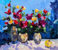 Summer mood - Still Life Painting Green Brown Blue Yellow White Pink 