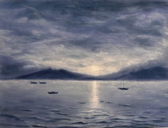 «La costa de noche»: pintura paisajística sobre papel artesanal, 58 x 73,5 cm, enmarcada