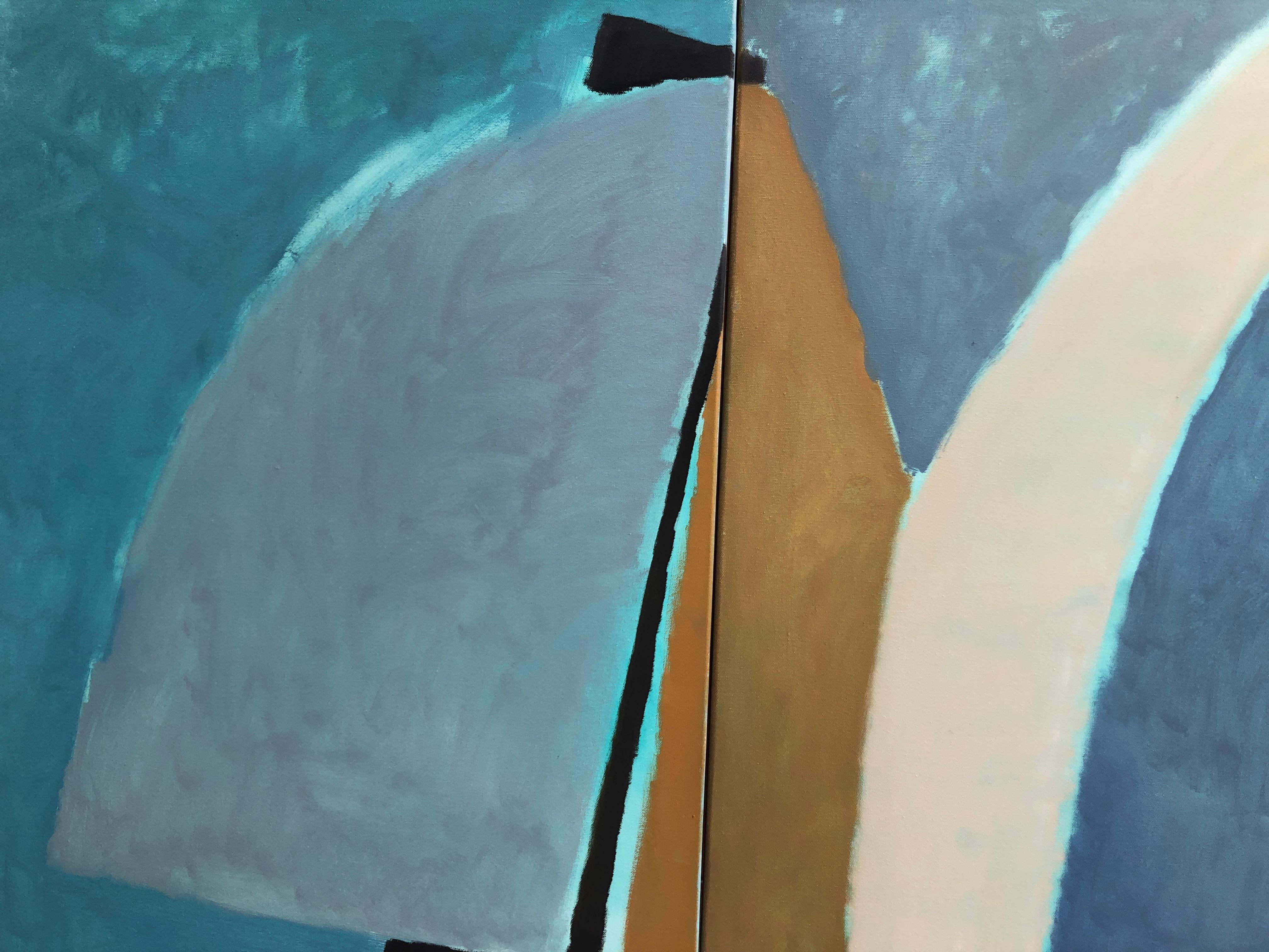 Dieses Kunstwerk verfolgt einen minimalistischen, abstrakten Ansatz mit starken geometrischen Formen und einer von Blautönen dominierten Farbpalette, die das Gefühl von Meer und Himmel hervorruft. Die Harmonie des Gemäldes wird durch die