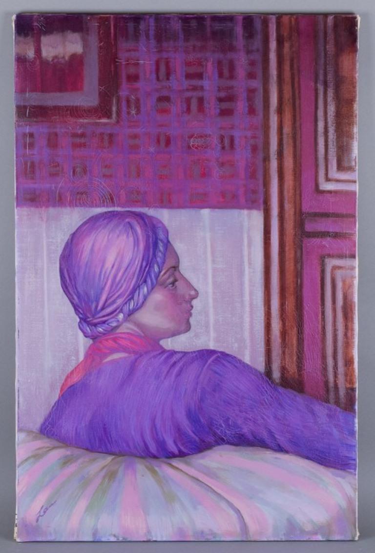 Olga Lau (1875-1960), Danish artist. 
Oil on canvas.
Large painting. Seated woman seen from the back lost in deep thoughts.
Inspired by Italian Renaissance works. 
Modernist style. Violet palette.
Approximately from the 1920s.
In good condition with