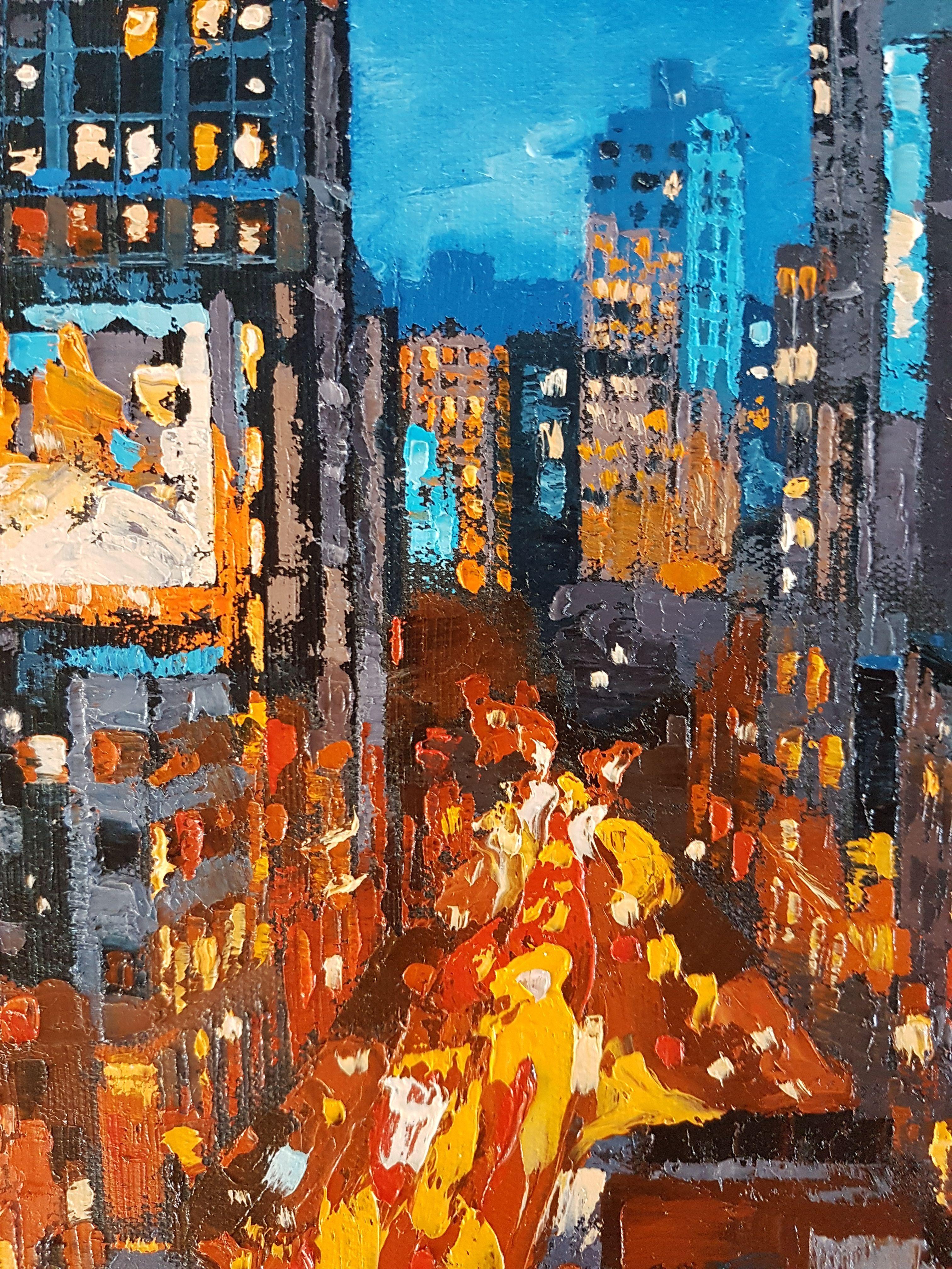 Blue Night City Lights, Painting, Oil on Canvas For Sale 2