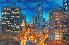 Blue Night City Lights, peinture, huile sur toile