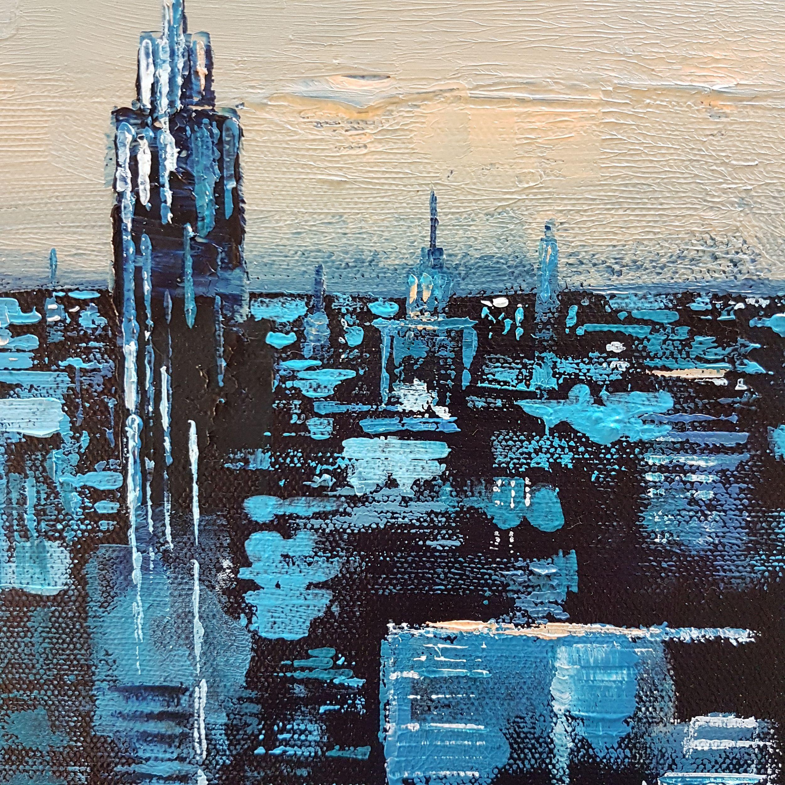 Peinture - « City Sunrise », huile sur toile - Expressionnisme abstrait Painting par Olga Mihailicenko