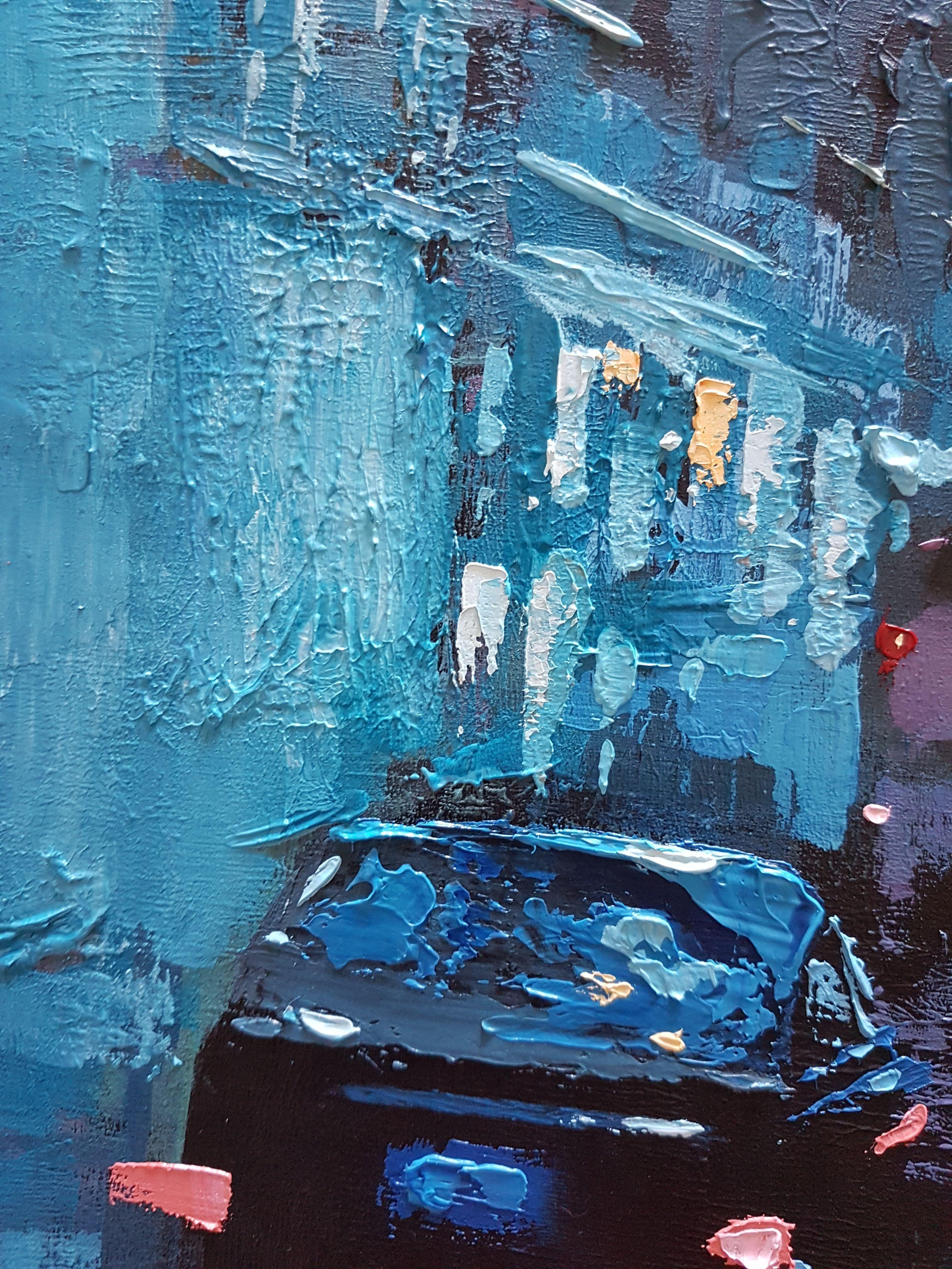 Neon City, Painting, Oil on Wood Panel For Sale 1